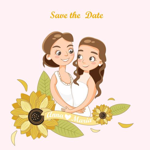 Linda pareja LGBT para tarjeta de invitación de boda vector