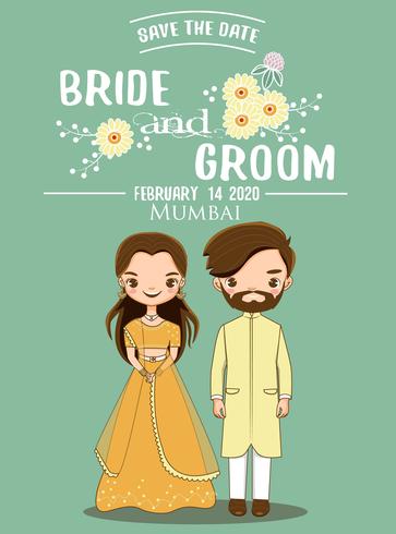 Pares indios lindos de novia y del novio para casarse la tarjeta de las invitaciones. vector