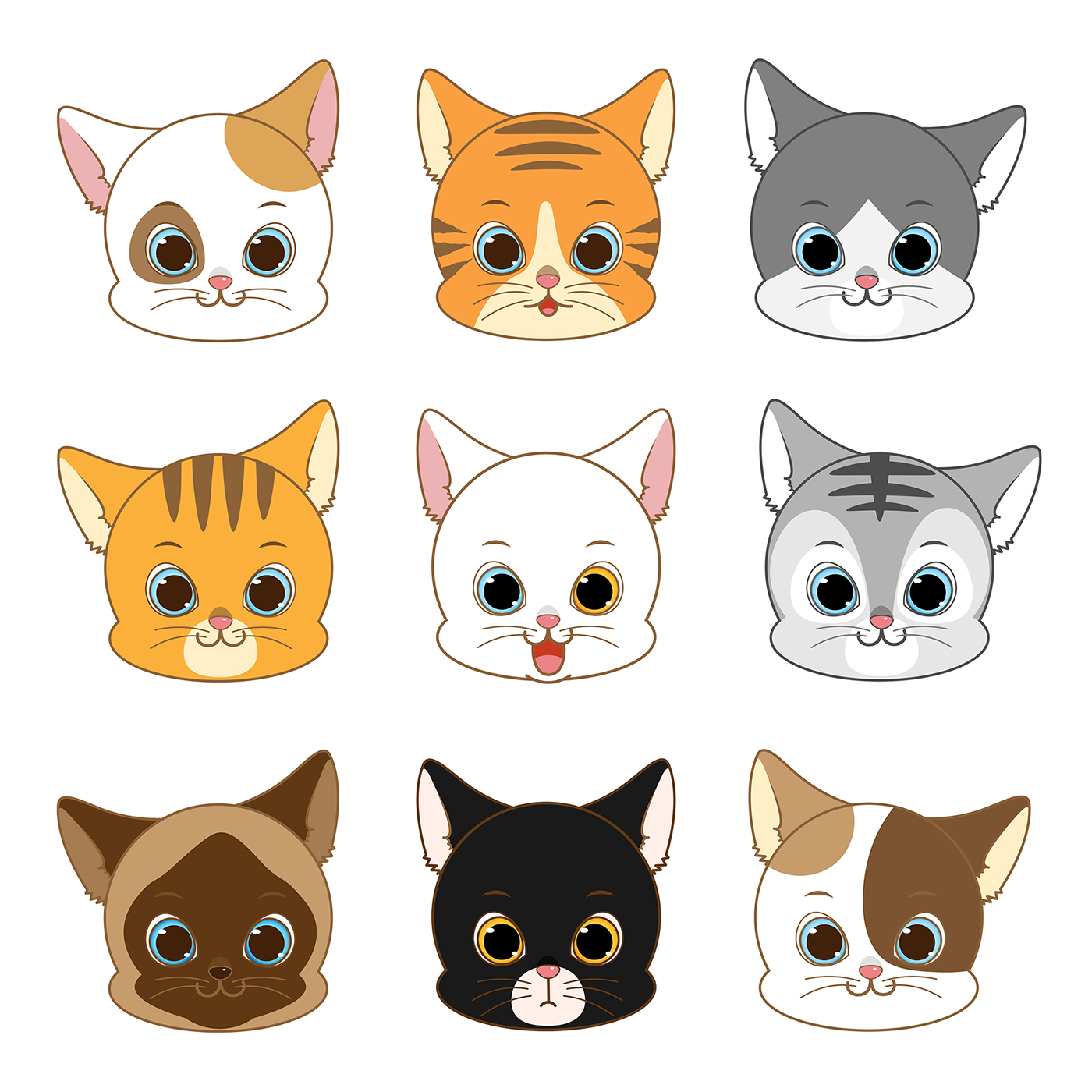 Cartoon Illustration of funny Cats ot Kittens Heads Collection Set