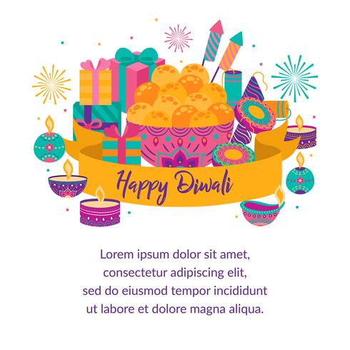 Feliz diwali Fiesta de la luz, tarjeta de felicitación. Diwali coloridos carteles con símbolos principales. Festival de luz y fuego Davavali. India hindú deepavali festival de luces. Ilustracion vectorial vector