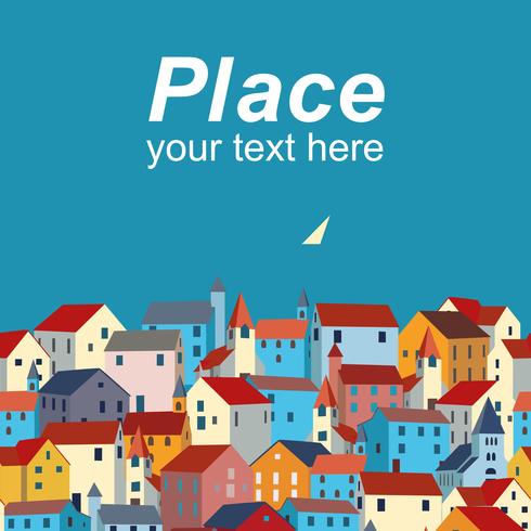 Template with sea, colorful houses and sample text. vector