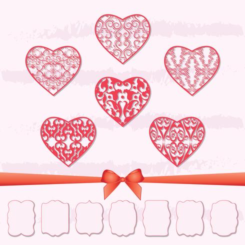 A set of hearts and a collection of frames of different shapes by cutting out paper. vector