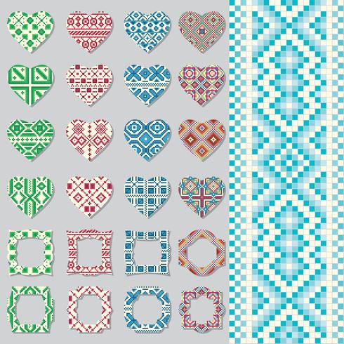 Set of decorative frames and hearts in ethnic style. Seamless pattern. vector