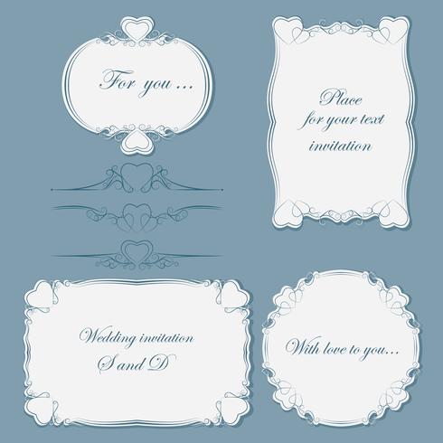 Set vintage dividers and frames of different shapes decorated with hearts. Vector illustration.