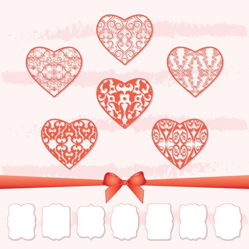 A set of hearts and a collection of frames of different shapes by cutting out paper. vector