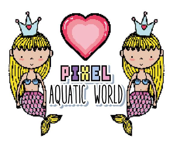 Pixel art aquatic world cartoons vector