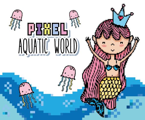 Pixel art aquatic world cartoons vector