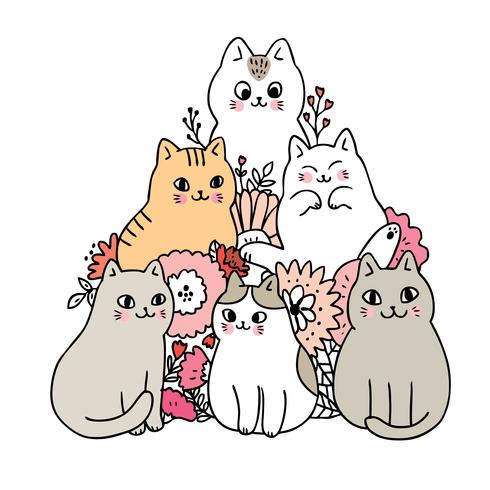 Dibujos animados lindos gatos y flores vector. vector