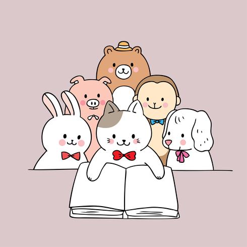 Cartoon cute animals reading book vector. vector