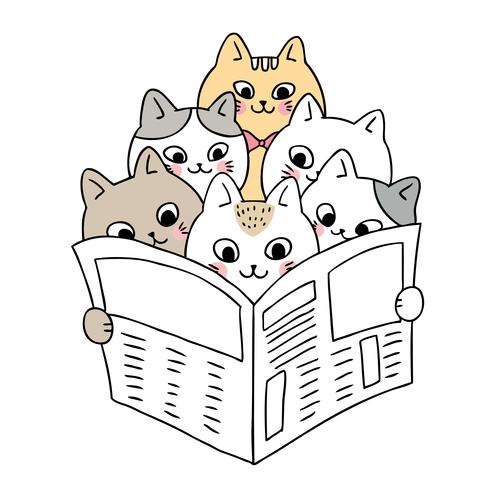 Gatos lindos de la historieta que leen vector de las noticias.