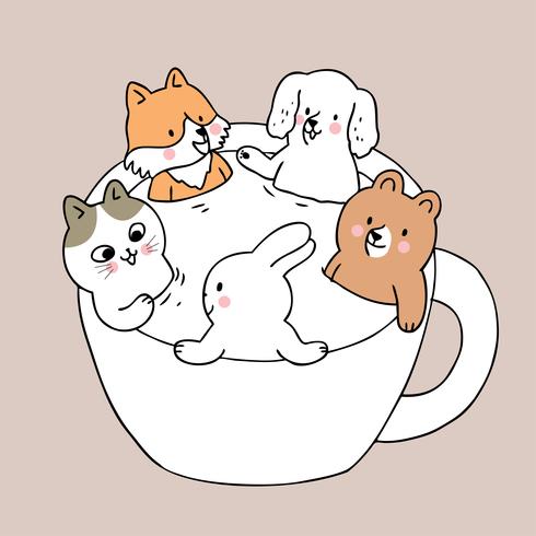 Cartoon cute animals in cup vector. vector