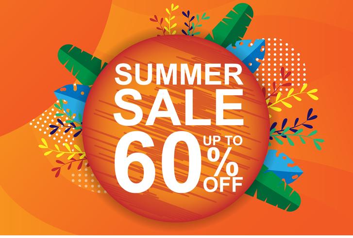 Summer sale banner, tag, web. Orange brochure and voucher. Holiday discount promotion and special price concept. Modern tropical palm, banana leaf. vector illustration design.  