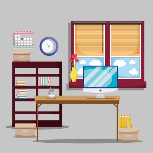 desk with office flat accessories to work vector