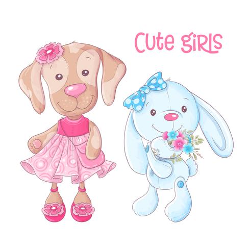 Cute cartoon animals doggy and rabbit hand drawing. Vector