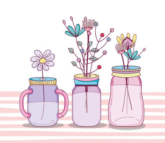Bouquet of flowers in mason jar vase vector