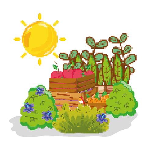 Cosecha de granja pixelada de dibujos animados. vector