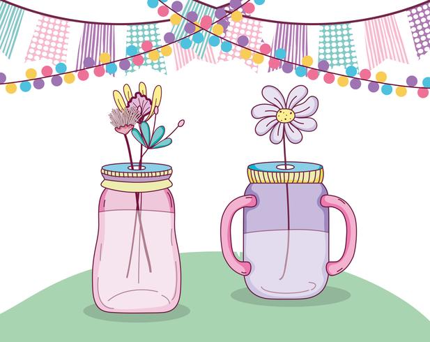 Bouquet of flowers in mason jar vase vector