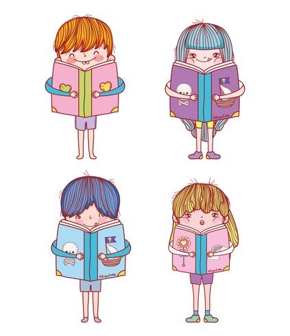set boys and girls with books education vector