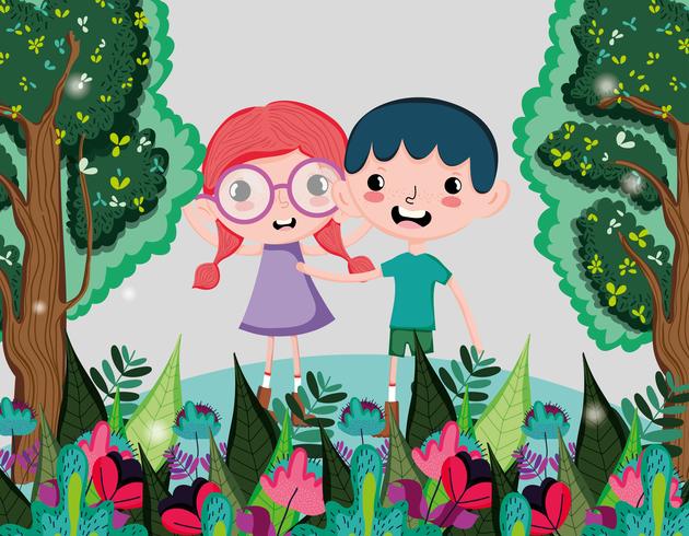 Lindos niños en el bosque vector