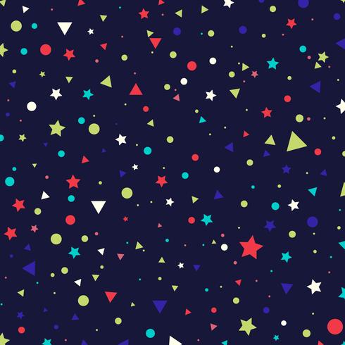 Abstract pattern colorful small circles, stars and triangles on blue background. Infinity geometric. vector