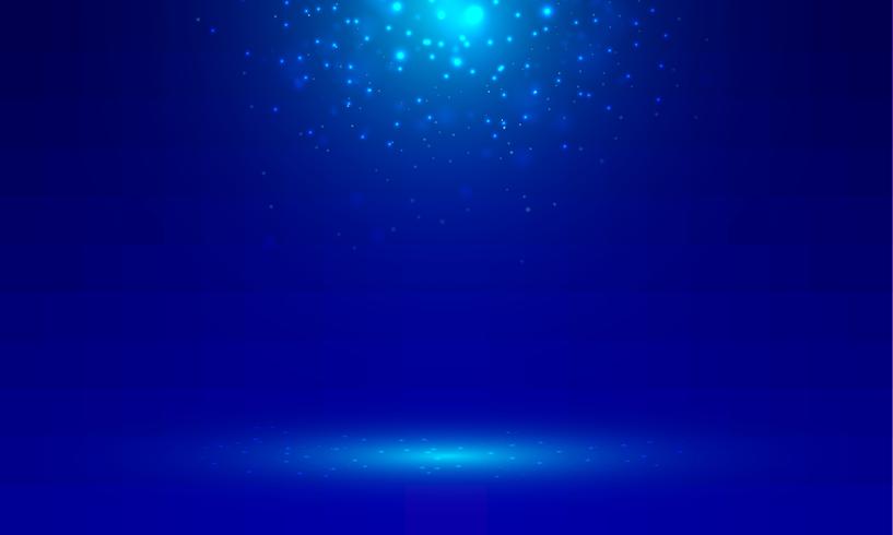 Blue stage background with light rays of spotlight and falling sparkling. Shimmering light dust shining. Studio room. vector