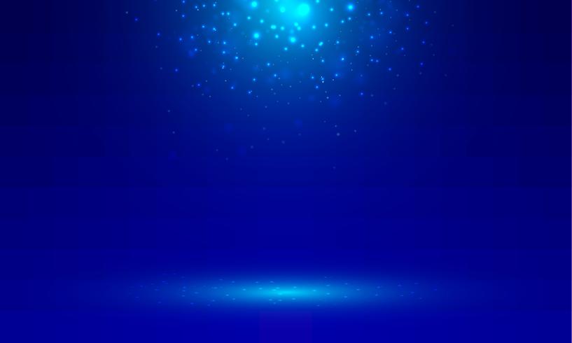 Blue stage background with light rays of spotlight and falling sparkling. Shimmering light dust shining. Studio room. vector