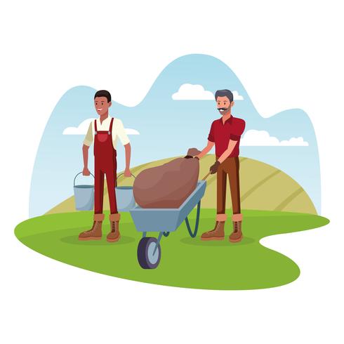 Agricultores que trabajan en caricaturas de la granja. vector