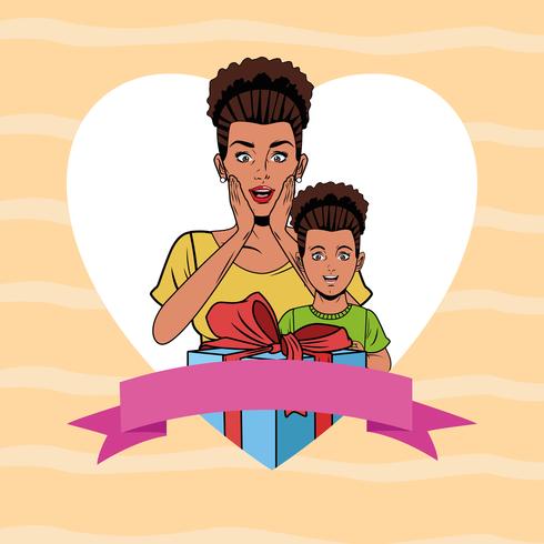 Arte pop madre e hija tarjeta de dibujos animados vector