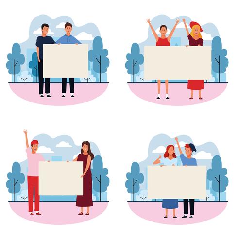 set of people with posters vector