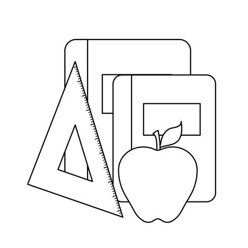 Escuela de libros de texto con regla y manzana. vector