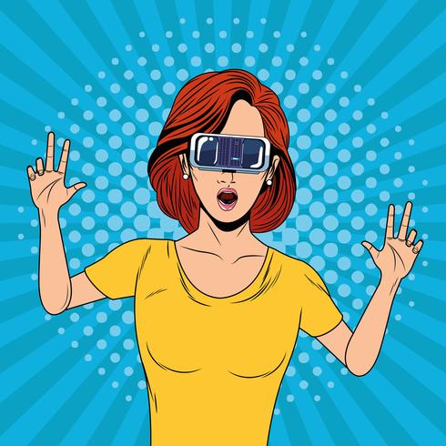 Mujer con tecnología de gafas de realidad virtual. vector