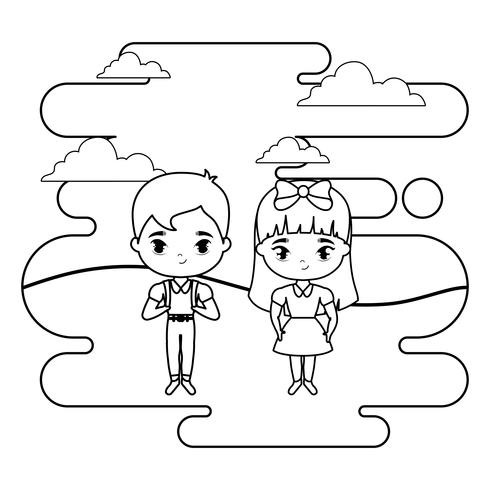 cute little students in landscape scene vector