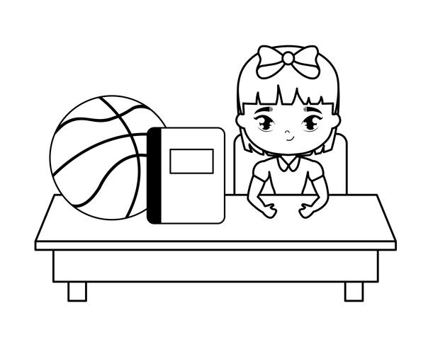 student girl sitting in school desk with supplies education vector