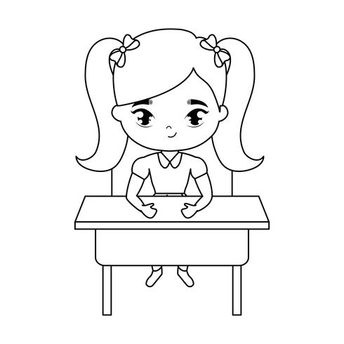 little student girl sitting in school desk vector