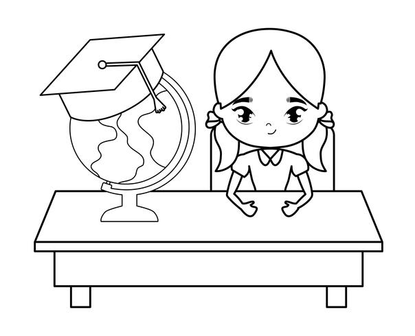 student girl sitting in school desk with supplies education vector