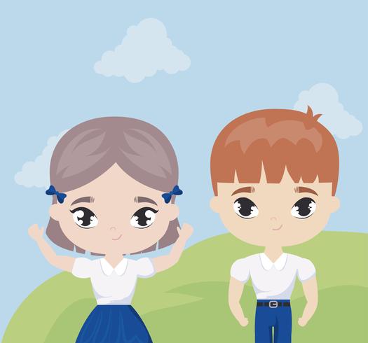 cute little students in landscape scene vector