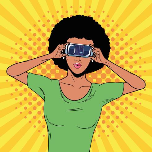 Mujer con tecnología de gafas de realidad virtual. vector