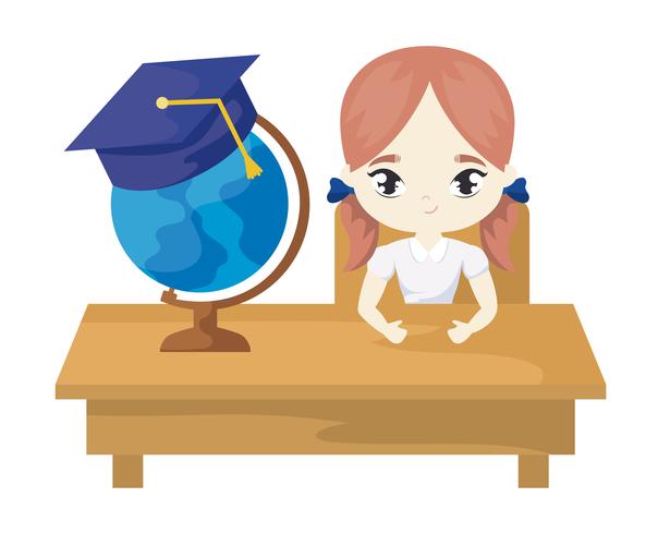 student girl sitting in school desk with supplies education