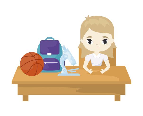 student girl sitting in school desk with supplies education vector