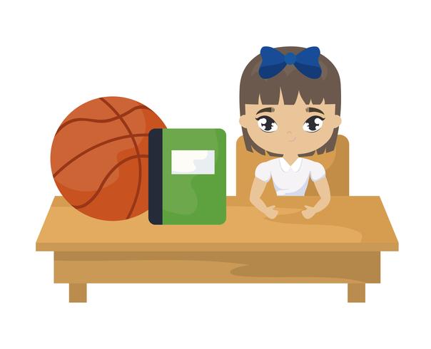 student girl sitting in school desk with supplies education vector