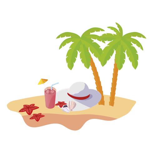 Escena de playa de verano con palmeras y sombrero femenino vector