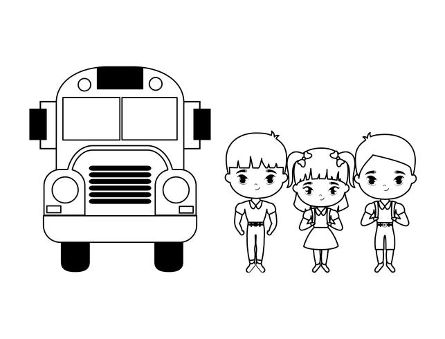 Escuela de autobuses con grupo de pequeños alumnos. vector