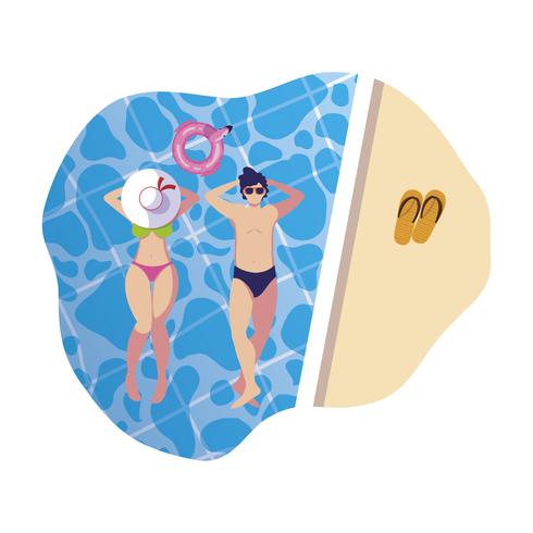 pareja joven con traje de baño flotando en la piscina vector