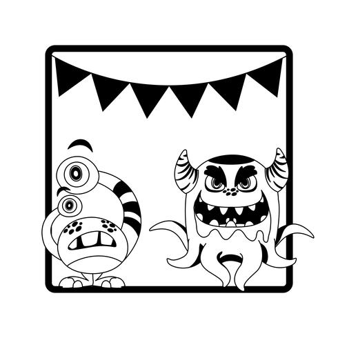 monochrome frame with monsters and garlands hanging vector