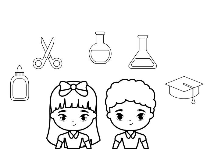 cute little students with supplies school vector