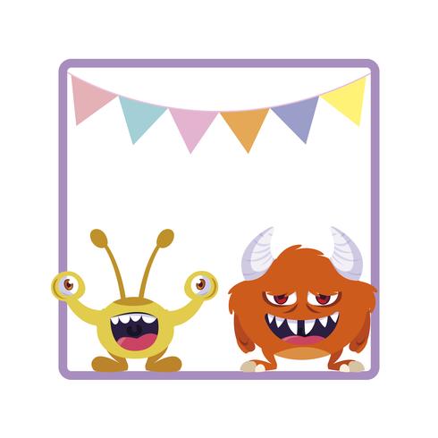 square frame with funny monsters and garlands hanging vector