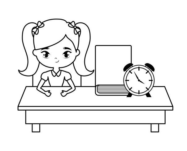 student girl sitting in school desk with supplies education vector