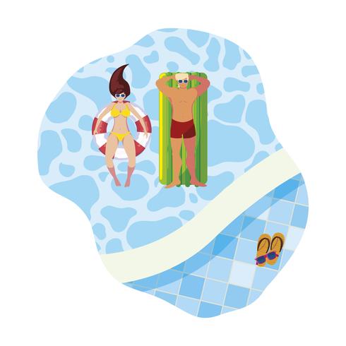 young couple with float mattress in pool vector