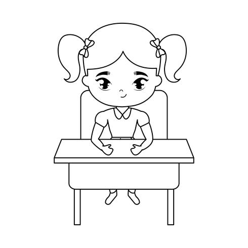 little student girl sitting in school desk vector