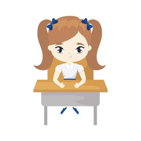 little student girl sitting in school desk vector